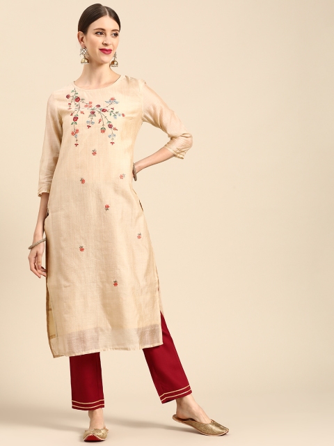 

Anouk Women Beige & Maroon Ethnic Motifs Embroidered Kurta with Trousers