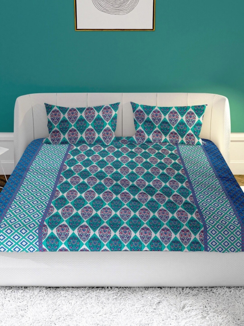 

MAYFAIR HOMES LONDON Blue & Turquoise Blue Floral 104 TC Queen Bedsheet with 2 Pillow Covers