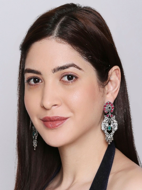 

OOMPH Oxidised Silver with Maroon & Green Stone in Peacock Shape Drop Earrings