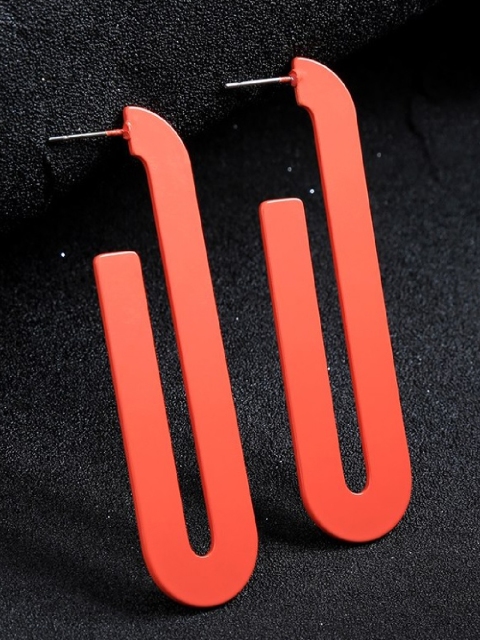 

OOMPH Orange & Silver-Toned Geometric Drop Earrings