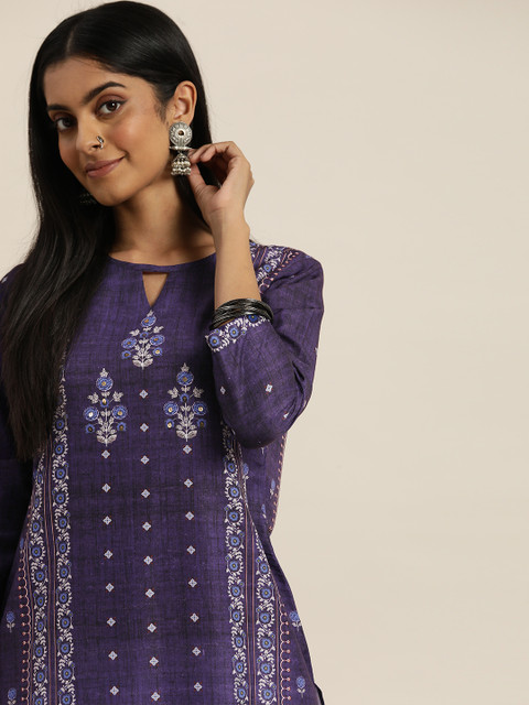 

Sangria Women Violet & Cream-Coloured Ethnic Motifs Printed Keyhole Neck Floral Kurta