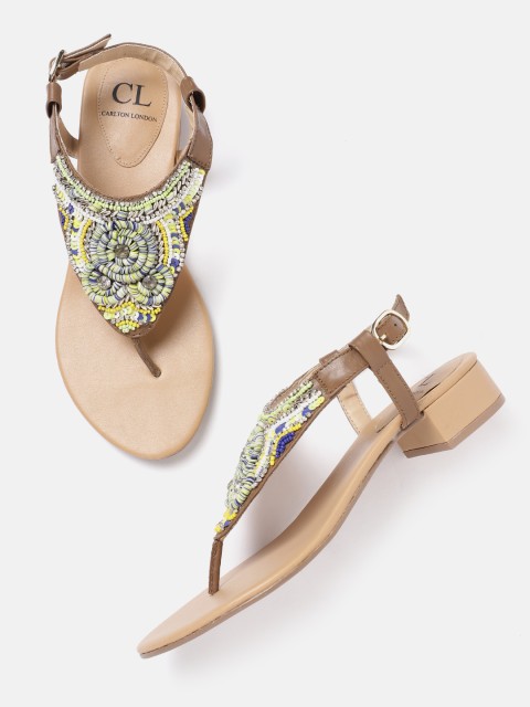 

Carlton London Women Beige & Green Embellished T-Strap Flats