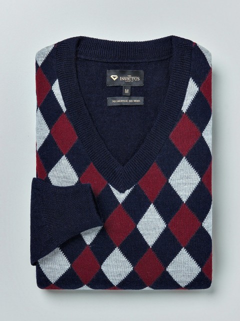 

INVICTUS Men Navy & Grey Argyle Pattern Sweater, Navy blue