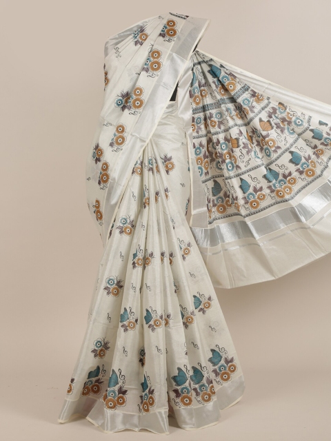 

Pothys White & Brown Floral Cotton Blend Saree