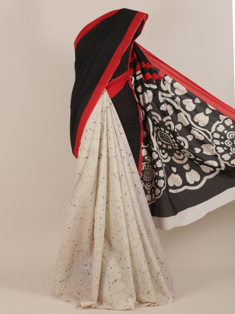 

Pothys Black & Cream-Coloured Cotton Blend Half and Half Saree