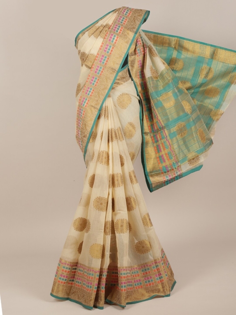 

Pothys Cream-Coloured & Green Woven Design Cotton Blend Saree