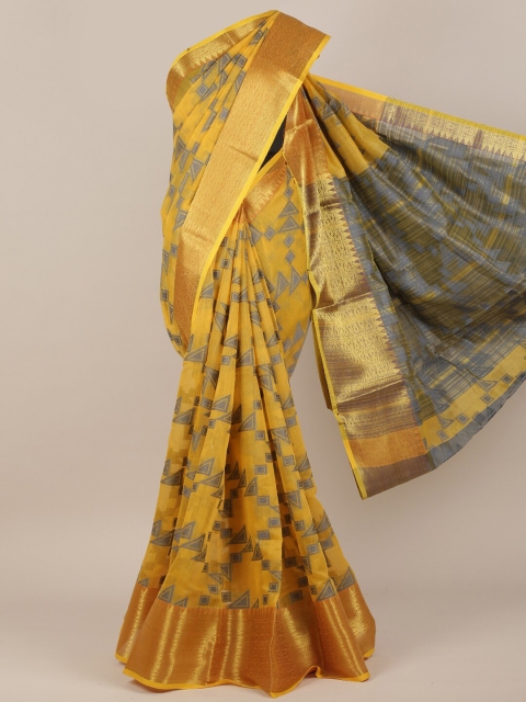 

Pothys Yellow & Green Floral Cotton Blend Saree