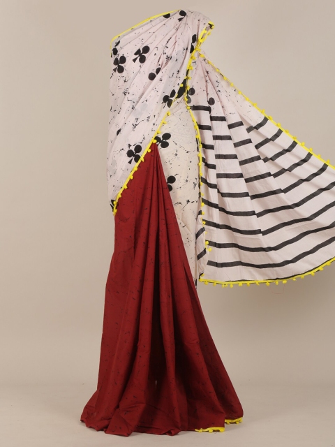 

Pothys Off White & Red Floral Cotton Blend Half and Half Saree