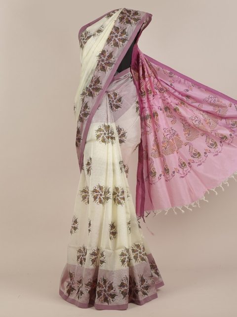 

Pothys Cream-Coloured & Pink Floral Cotton Blend Saree