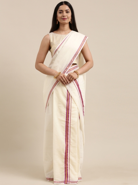 

Mitera Off White & Pink Kerala Cotton Double Set Mundu Saree