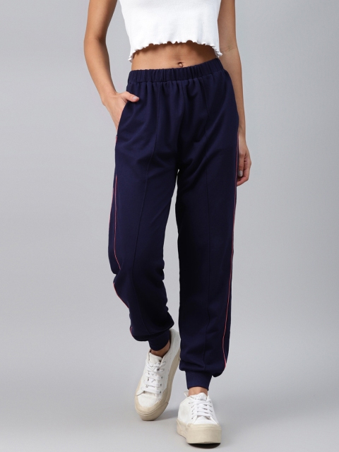 

Laabha Women Navy Blue Solid Straight Fit High-Rise Joggers With Side Taping