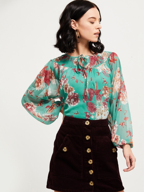 

max Sea Green & Pink Floral Puff Sleeve A-Line Top