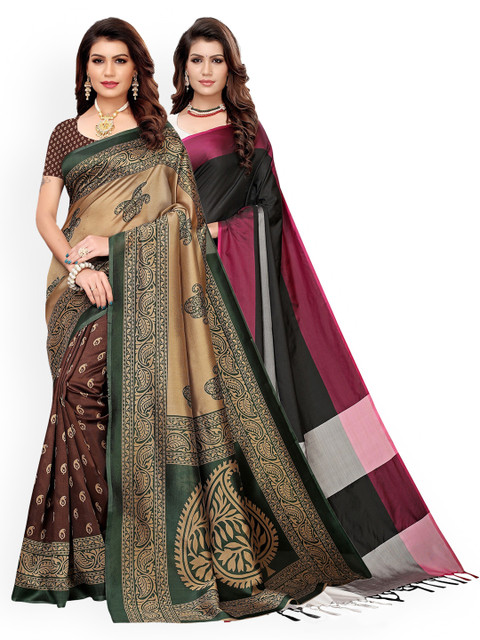 

KALINI Pack Of 2 Beige & Black Ethnic Motifs Art Silk Sarees