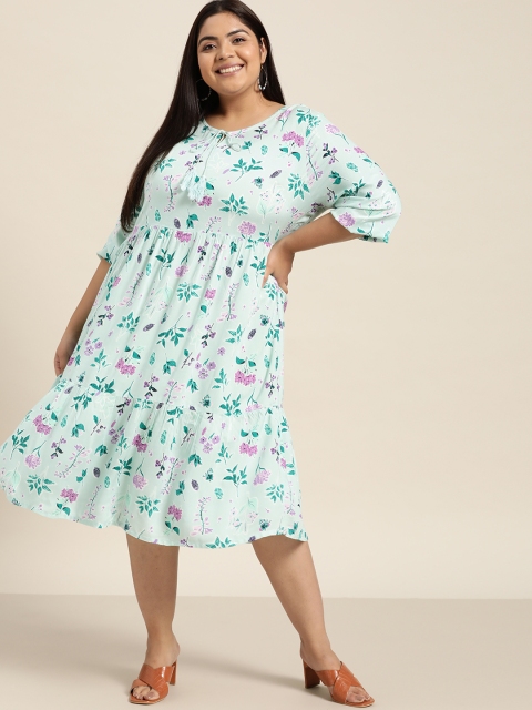 

Sztori Women Plus Size Sea Green & Purple Floral Tie-Up Neck A-Line Midi Dress