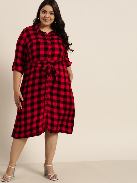 

Sztori Plus Size Red & Black Checked Cotton Shirt Midi Dress With Belt