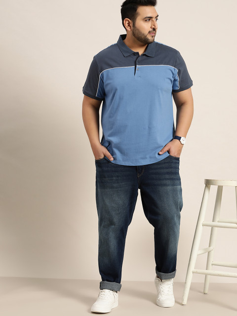 

Sztori Men Plus Size Blue Pure Cotton Colourblocked Polo Collar T-shirt