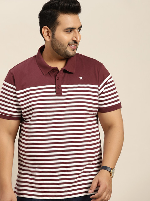 

Sztori Men Maroon & White Plus Size Pure Cotton Striped Polo Collar T-shirt