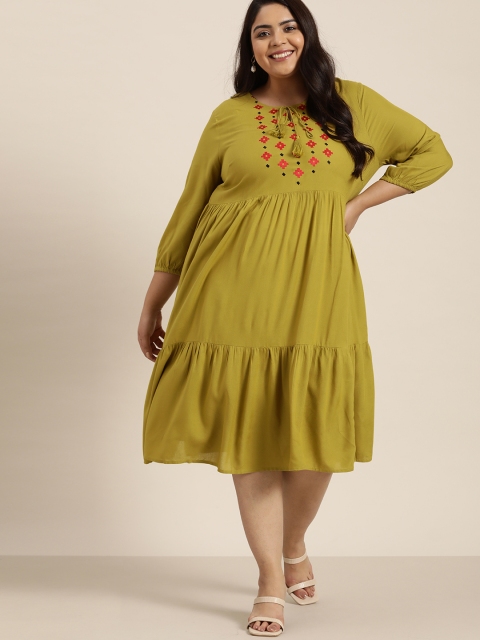 

Sztori Plus Size Green & Red Yoke Embroidered Tie-Up Neck Ethnic A-Line Midi Dress