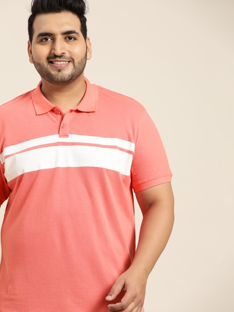 

Sztori Men Plus Size Peach-Coloured & White Striped Cotton Polo Collar T-shirt