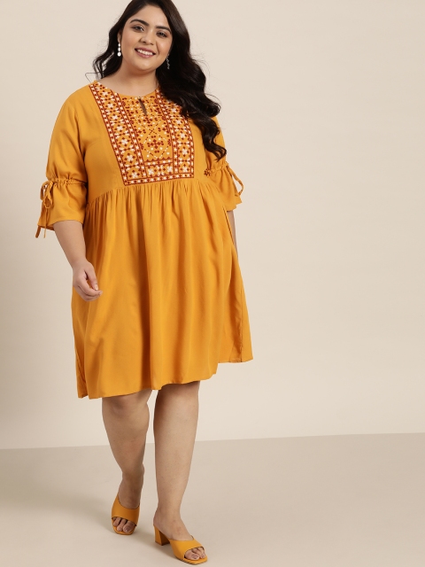 

Sztori Plus Size Mustard Yellow & Red Embroidered A-Line Dress