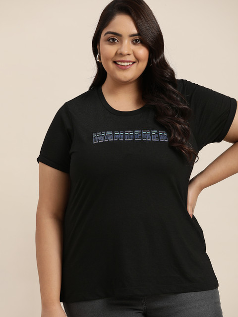 

Sztori Women Plus Size Black Typography Printed Cotton T-shirt