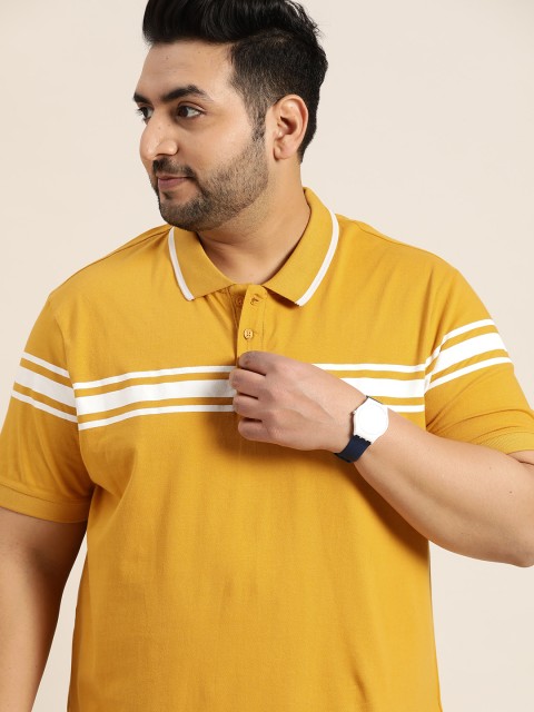 

Sztori Men Plus Size Mustard Yellow & White Pure Cotton Striped Polo Collar T-shirt