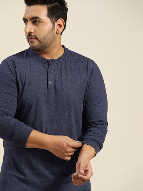

Sztori Plus Size Men Navy Blue Melange Solid Henley Neck T-shirt