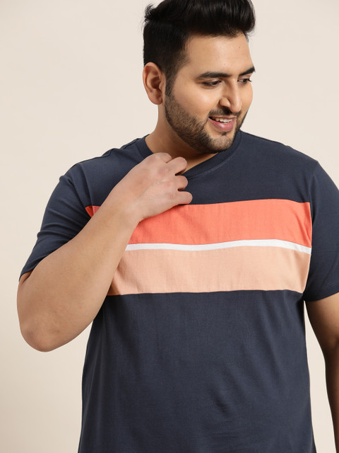 

Sztori Men Plus Size Navy Blue & Peach-Coloured Pure Cotton Striped T-shirt