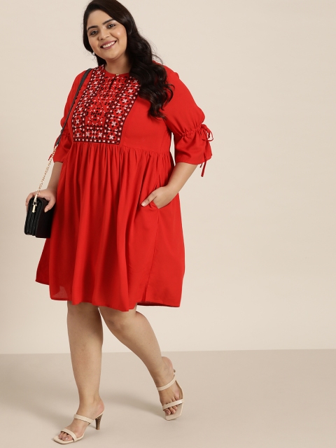 

Sztori Plus Size Red & Black Embroidered A-Line Dress