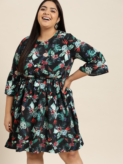 

Sztori Plus Size Black & Green Tropical A-Line Dress