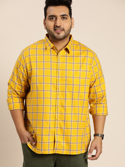 

Sztori Men Plus Size Yellow & Blue Pure Cotton Windowpane Checks Checked Casual Shirt