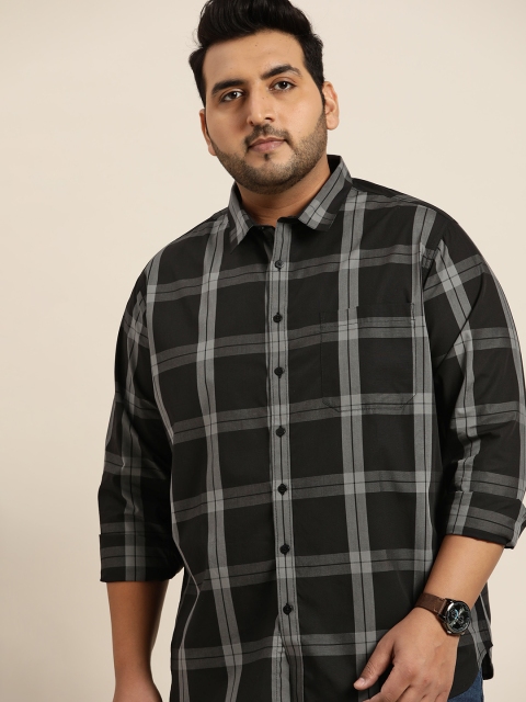 

Sztori Men Plus Size Black & Grey Pure Cotton Tartan Checked Casual Shirt