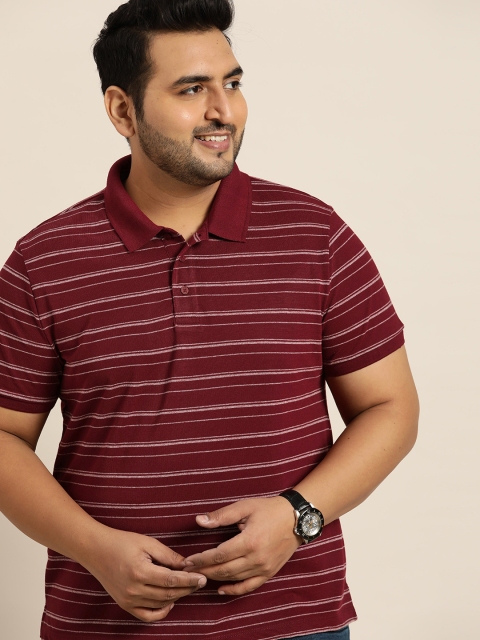

Sztori Men Plus Size Maroon White Pure Cotton Striped Polo Collar Pure Cotton T-shirt