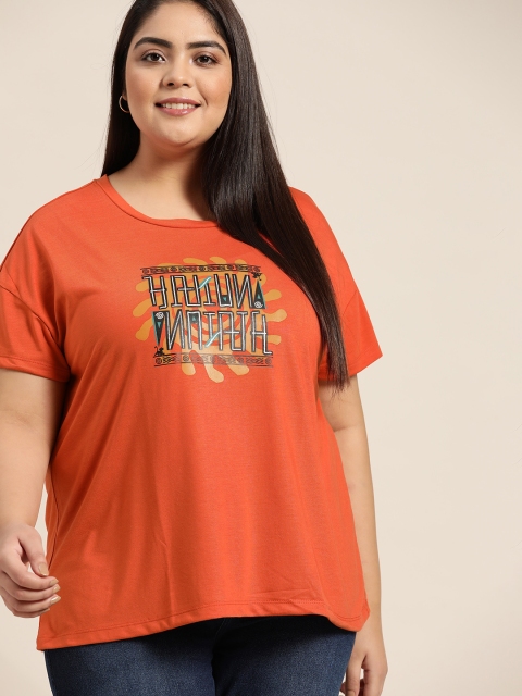 

Sztori Disney Women Plus Size Rust Orange & Black Printed Drop-Shoulder Sleeves T-shirt