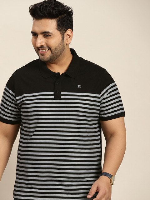 

Sztori Men Black & Charcoal Plus Size Pure Cotton Striped Polo Collar T-shirt