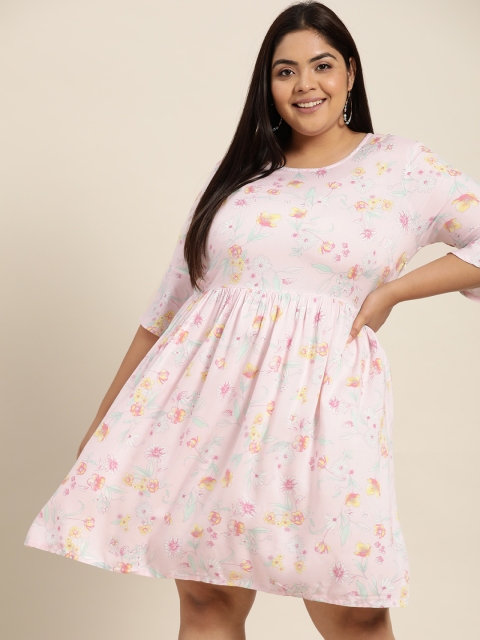 

Sztori Women Plus Size Pink & Green Floral A-Line Dress