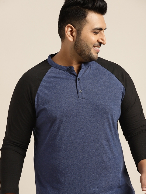 

Sztori Men Plus Size Navy Blue Solid Henley Neck T-shirt