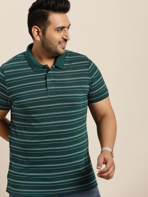 

Sztori Men Plus Size Green & Grey Striped Cotton Polo Collar T-shirt