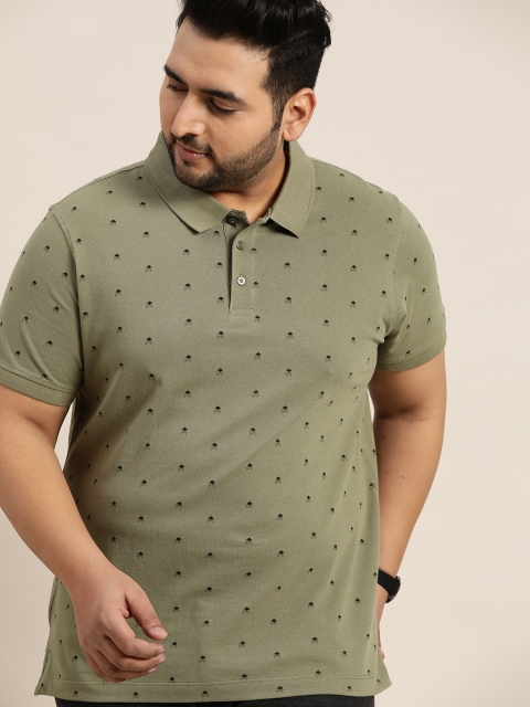 

Sztori Men Plus Size Olive Green Pure Cotton Printed Polo Collar T-shirt