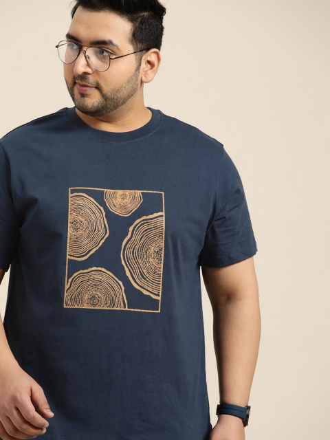 

Sztori Men Plus Size Navy Blue & Beige Printed Pure Cotton T-shirt