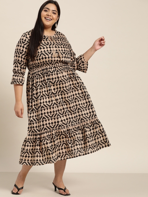 

Sztori Women Plus Size Beige & Black Tie-Up Neck Pure Cotton A-Line Midi Dress