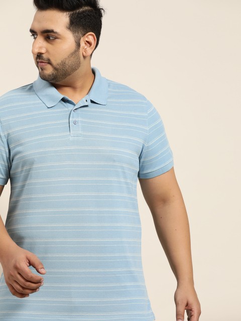 

Sztori Men Plus Size Blue & White Pure Cotton Striped Polo Collar T-shirt