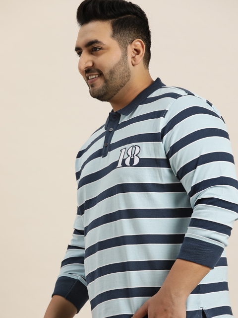 

Sztori Men Plus Size Blue Striped Polo Collar Cotton T-shirt
