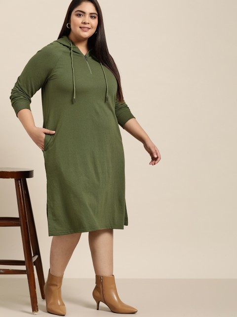 

Sztori Women Plus Size Olive Green Solid Midi Hooded Jumper Dress