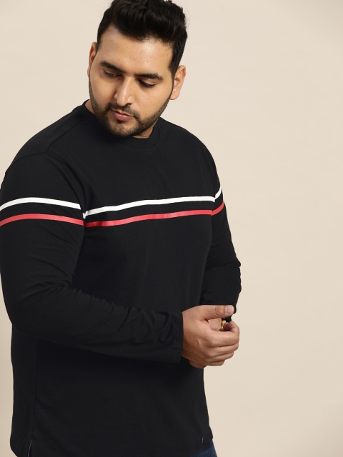 

Sztori Men Plus Size Black Pure Cotton Striped T-shirt