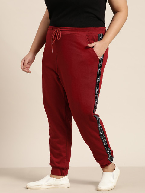 

Sztori Women Plus Size Maroon Solid Joggers With Side Tape Detail