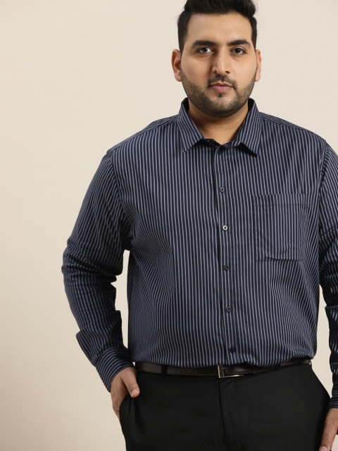 

Sztori Men Plus Size Navy Blue Pure Cotton Yarn Dyed Striped Formal Shirt