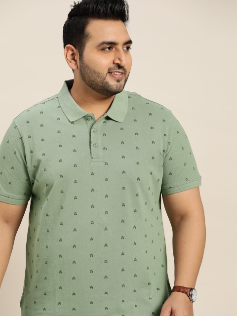 

Sztori Men Plus Size Green Pure Cotton Printed Polo Collar T-shirt