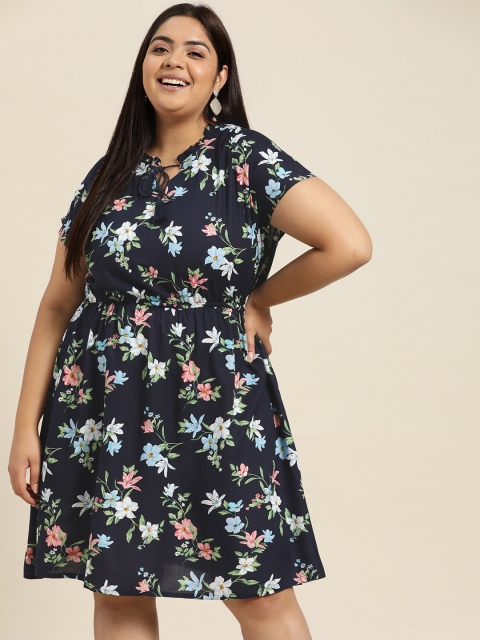 

Sztori Women Plus Size Navy Blue & Pink Floral Tie-Up Neck A-Line Dress