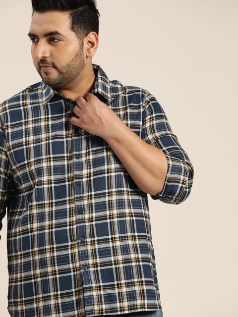 

Sztori Men Plus Size Navy Blue Tartan Checks Opaque Checked Casual Shirt